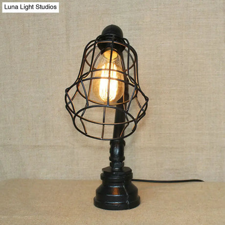 Vintage Metal Table Lamp - Industrial Black Cage Design For Coffee Shops And More