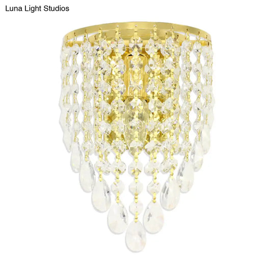 Vintage Metal Tapered Wall Mount Light Sconce With Clear Crystal Draping - 10/15 W 1 Bulb Elegant