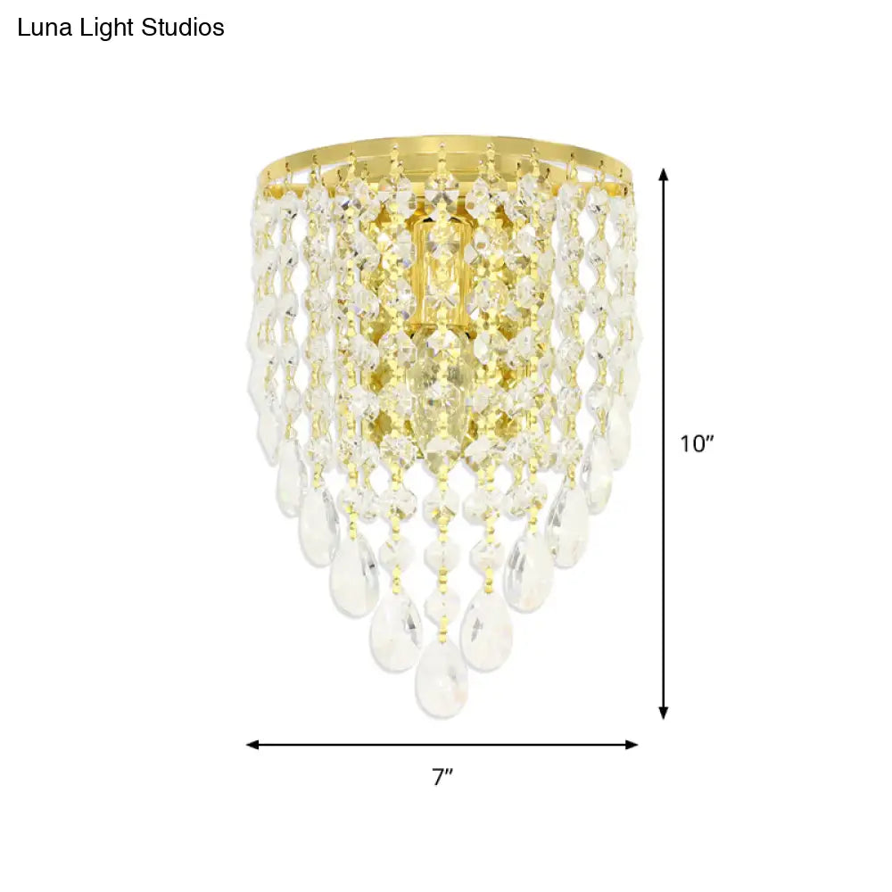 Vintage Metal Tapered Wall Mount Light Sconce With Clear Crystal Draping - 10/15 W 1 Bulb Elegant