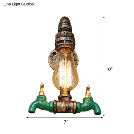 Vintage Metal Wall Lighting Fixture With Double Faucet And Aged Brass Pipe For Living Room