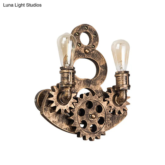 Vintage Metal Wall Mount Light Fixture - Bare Bulb Sconce With Brass Finish And Gear Deco 2-Light