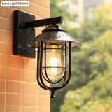 Vintage Metal Wall Mounted Sconce With Clear Glass Shade - Wire Cage Outdoor Lamp Black Finish
