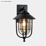 Vintage Metal Wall Mounted Sconce With Clear Glass Shade - Wire Cage Outdoor Lamp Black Finish