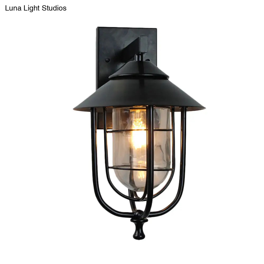 Vintage Metal Wall Mounted Sconce With Clear Glass Shade - Wire Cage Outdoor Lamp Black Finish