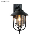Vintage Metal Wall Mounted Sconce With Clear Glass Shade - Wire Cage Outdoor Lamp Black Finish