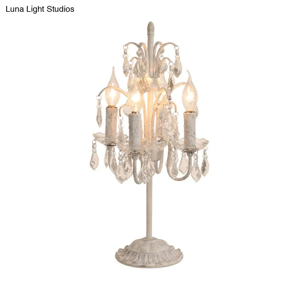 Vintage Metallic Nightstand Lamp With Hanging Crystal - 4 Bulb Table Light For Living Room