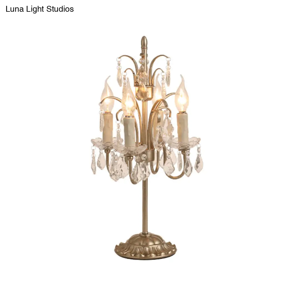 Vintage Metallic Nightstand Lamp With Hanging Crystal - 4 Bulb Table Light For Living Room