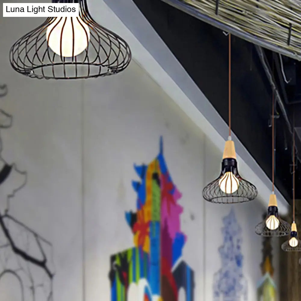 Vintage Metallic Pendant Lamp With Pear/Diamond/Gourd Cage Design - 1 Head Ceiling Hanging Light In
