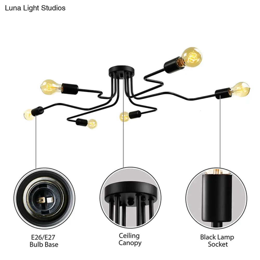 Vintage Metallic Semi Flush Light With Sputnik Design In Antique Brass/Black - Exposed Ceiling