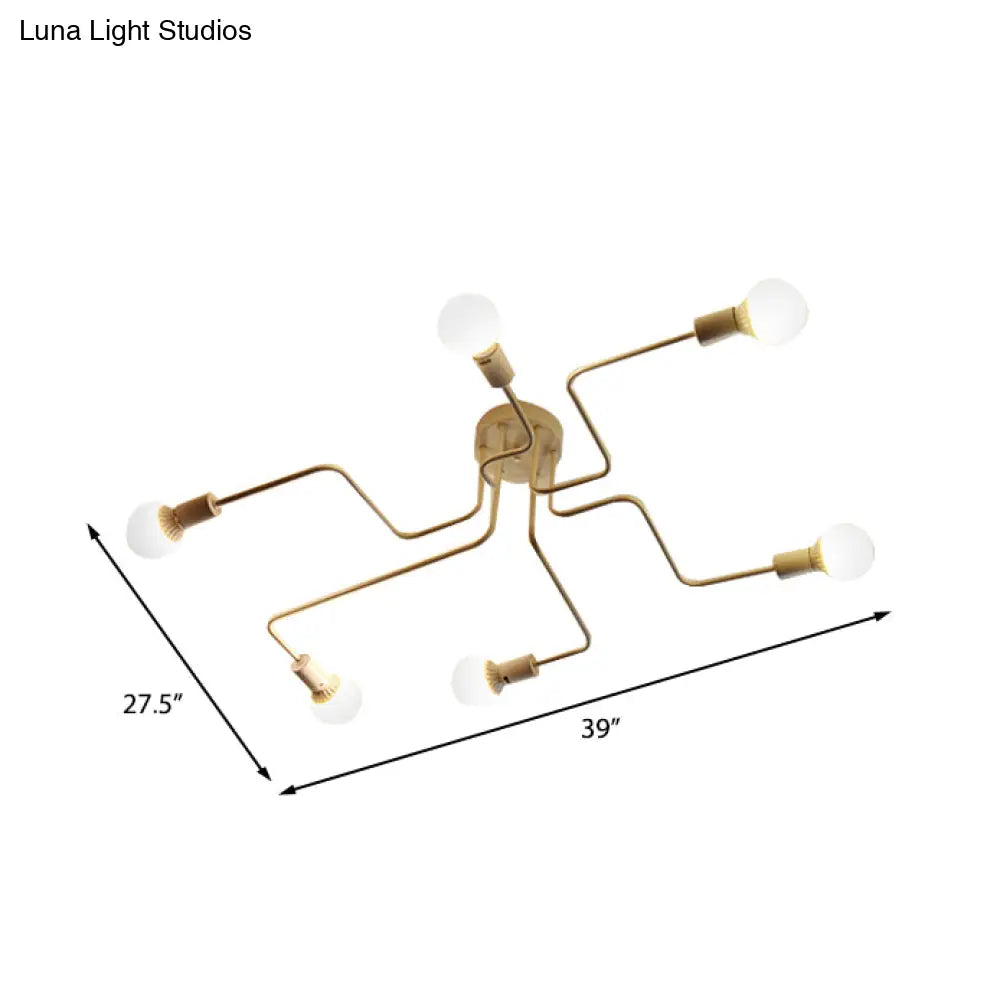 Vintage Metallic Semi Flush Light With Sputnik Design In Antique Brass/Black - Exposed Ceiling