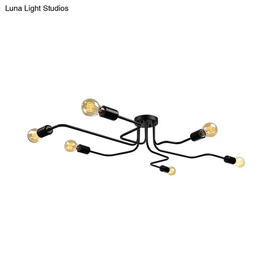 Vintage Metallic Semi Flush Light With Sputnik Design In Antique Brass/Black - Exposed Ceiling Mount
