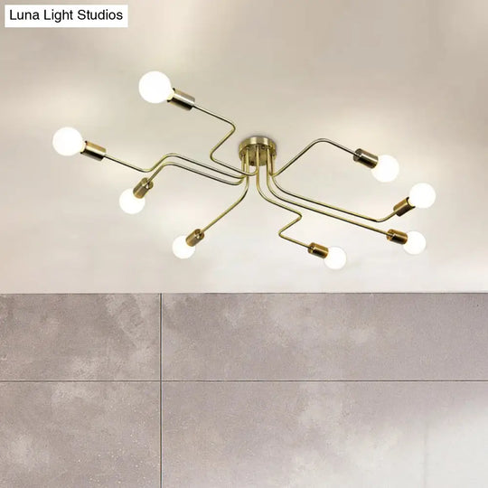 Vintage Metallic Semi Flush Light With Sputnik Design In Antique Brass/Black - Exposed Ceiling