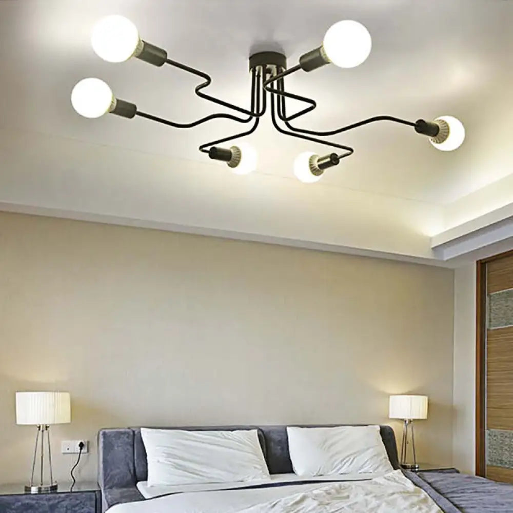 Vintage Metallic Semi Flush Light With Sputnik Design In Antique Brass/Black - Exposed Ceiling