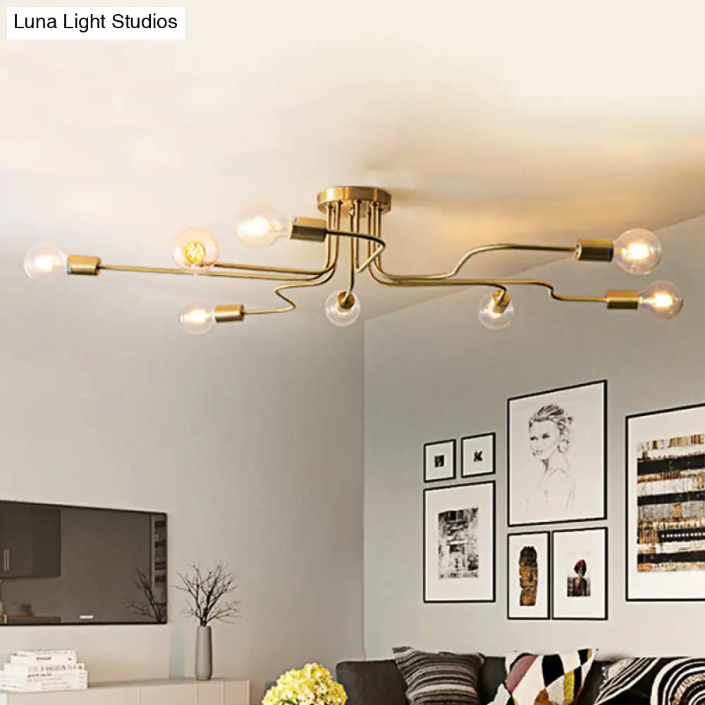 Vintage Metallic Semi Flush Light With Sputnik Design In Antique Brass/Black - Exposed Ceiling