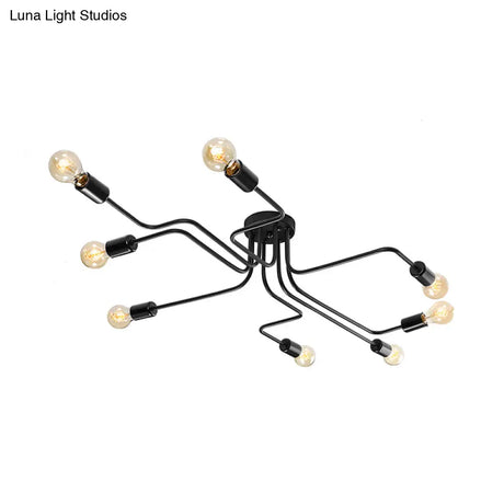 Vintage Metallic Semi Flush Light With Sputnik Design In Antique Brass/Black - Exposed Ceiling