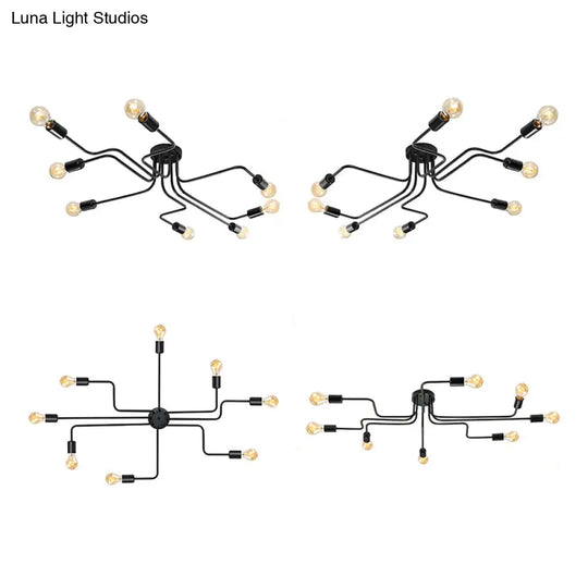 Vintage Metallic Semi Flush Light With Sputnik Design In Antique Brass/Black - Exposed Ceiling