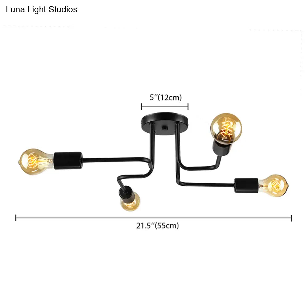 Vintage Metallic Semi Flush Light With Sputnik Design In Antique Brass/Black - Exposed Ceiling