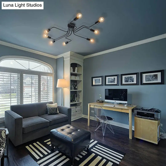 Vintage Metallic Semi Flush Light With Sputnik Design In Antique Brass/Black - Exposed Ceiling Mount