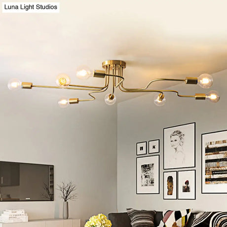 Vintage Metallic Semi Flush Light With Sputnik Design In Antique Brass/Black - Exposed Ceiling