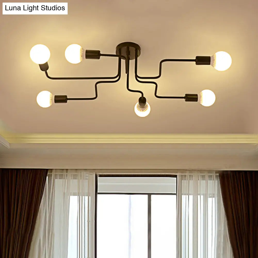 Vintage Metallic Semi Flush Light With Sputnik Design In Antique Brass/Black - Exposed Ceiling Mount
