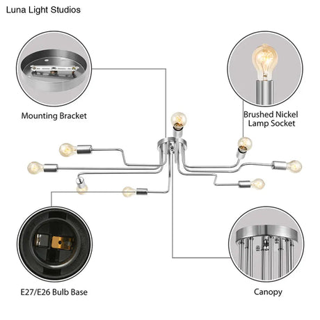 Vintage Metallic Semi Flush Light With Sputnik Design In Antique Brass/Black - Exposed Ceiling