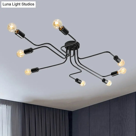 Vintage Metallic Semi Flush Light With Sputnik Design In Antique Brass/Black - Exposed Ceiling