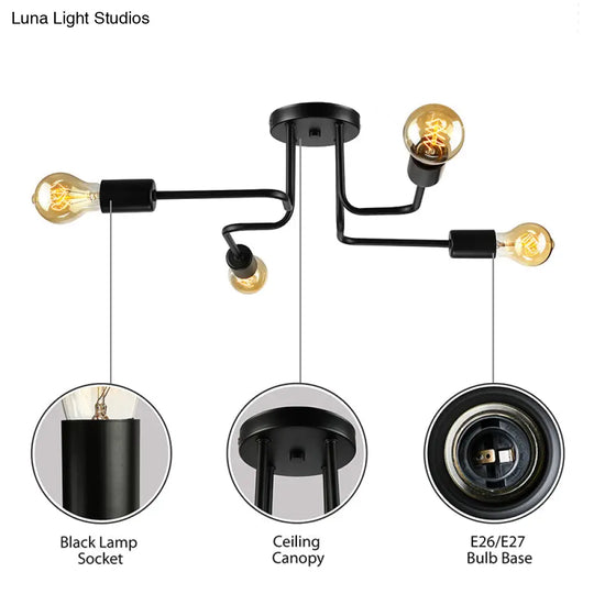 Vintage Metallic Semi Flush Light With Sputnik Design In Antique Brass/Black - Exposed Ceiling Mount
