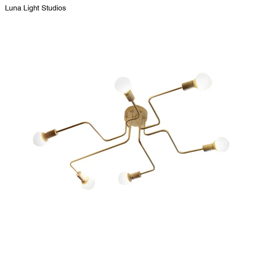 Vintage Metallic Semi Flush Light With Sputnik Design In Antique Brass/Black - Exposed Ceiling