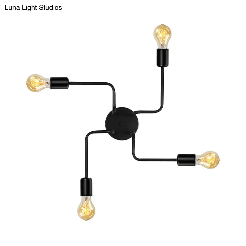 Vintage Metallic Semi Flush Light With Sputnik Design In Antique Brass/Black - Exposed Ceiling