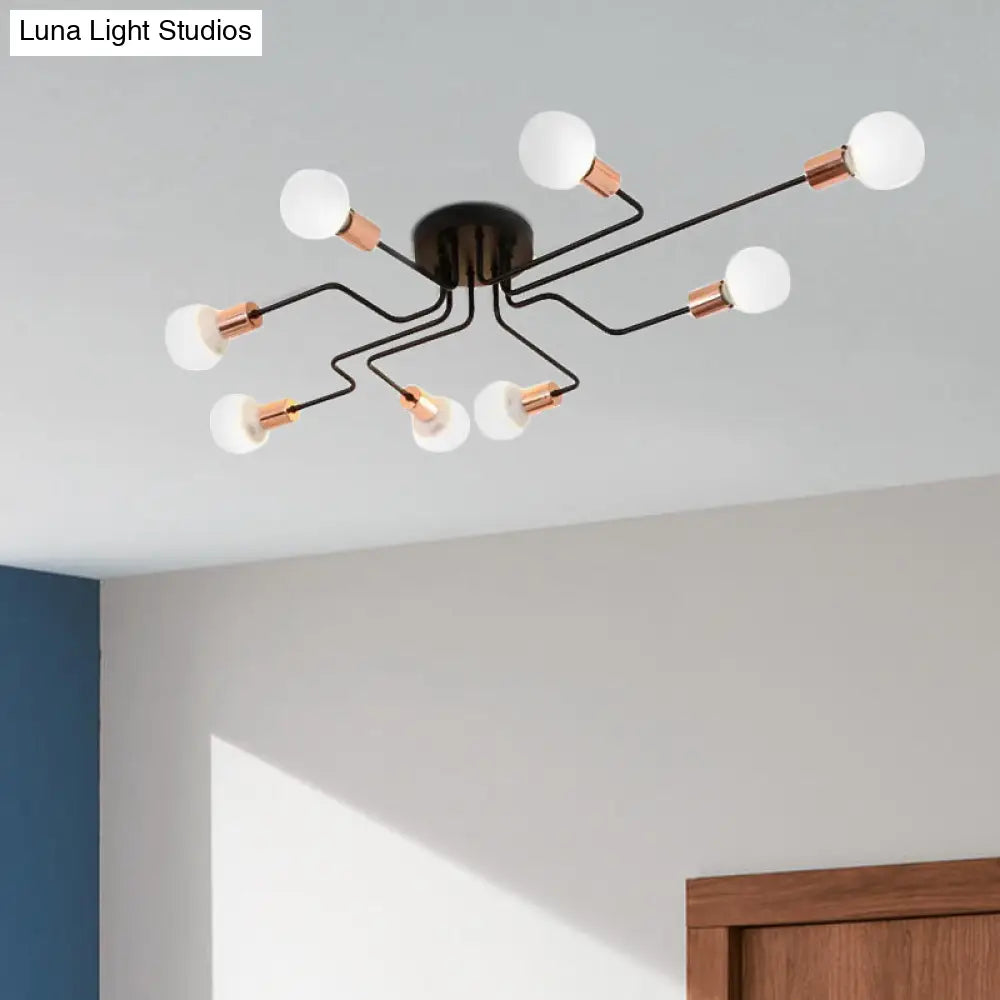 Vintage Metallic Semi Flush Light With Sputnik Design In Antique Brass/Black - Exposed Ceiling