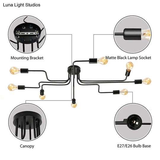Vintage Metallic Semi Flush Light With Sputnik Design In Antique Brass/Black - Exposed Ceiling