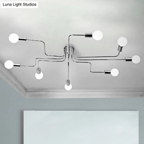Vintage Metallic Semi Flush Light With Sputnik Design In Antique Brass/Black - Exposed Ceiling