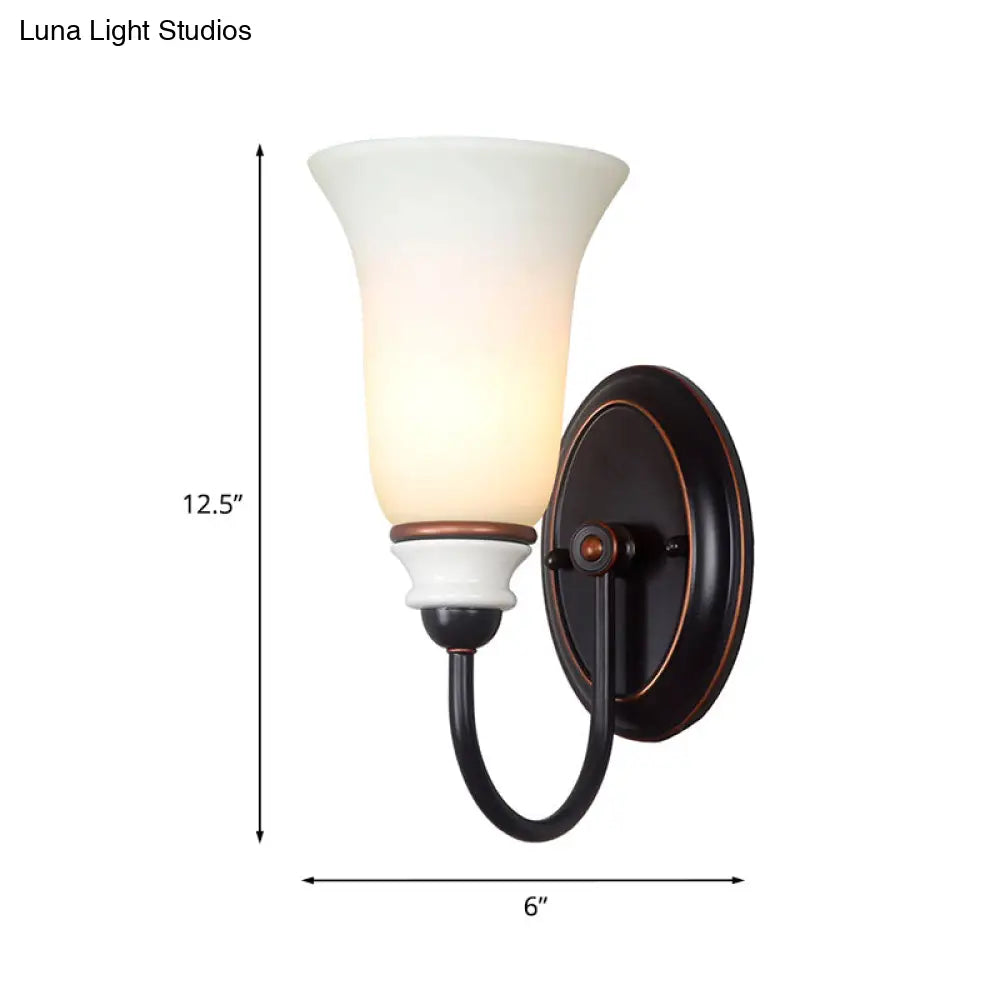 Vintage Milk Glass Bell Bedroom Wall Sconce With Gooseneck Arm 1 Light Black Lamp