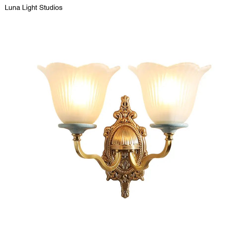 Vintage Milk Glass Brass Wall Lamp With Carved Blossom Design - 1/2-Light Sconce For Porch