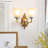 Vintage Milk Glass Brass Wall Lamp With Carved Blossom Design - 1/2-Light Sconce For Porch