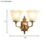 Vintage Milk Glass Brass Wall Lamp With Carved Blossom Design - 1/2-Light Sconce For Porch