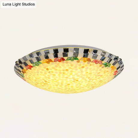 Vintage Mosaic Glass Bowl Ceiling Light Fixture - Beige/Blue 1 Bulb Flush Mount For Dining Room