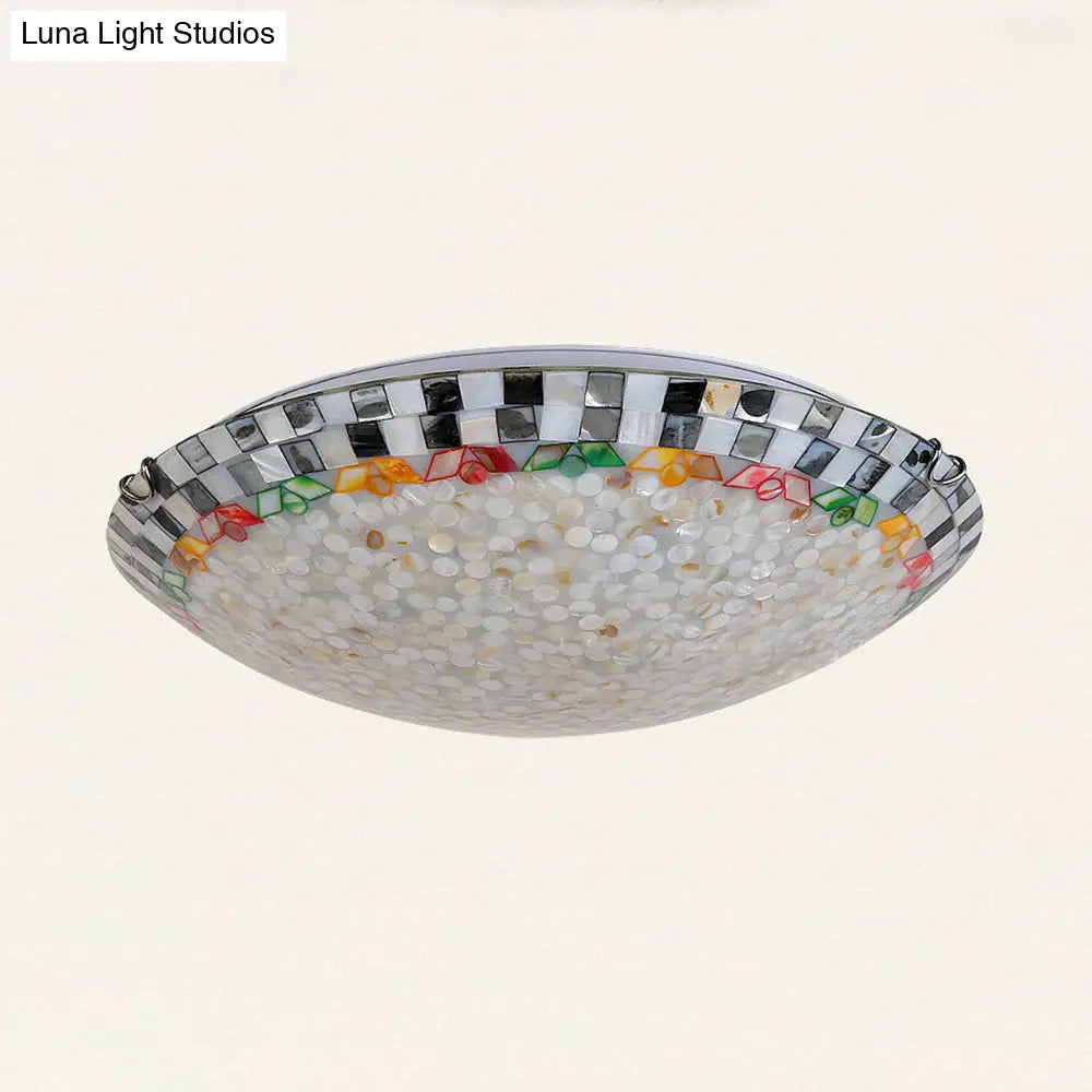 Vintage Mosaic Glass Bowl Ceiling Light Fixture - Beige/Blue 1 Bulb Flush Mount For Dining Room
