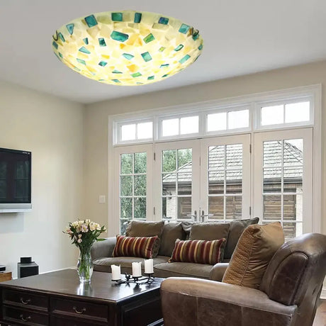 Vintage Mosaic Glass Bowl Ceiling Light Fixture - Beige/Blue 1 Bulb Flush Mount For Dining Room