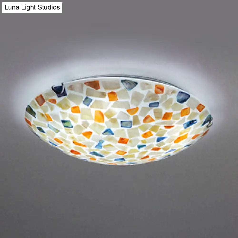 Vintage Mosaic Glass Flush Mount Ceiling Light - 12’/16’ W Colorful Bowl Design 1-Bulb Fixture