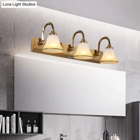 Vintage Opal Glass Bell Wall Mounted Vanity Sconce With Gold Finish And Metal Swooping Arm - 2/3/4