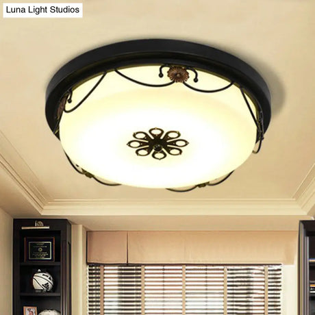 Vintage Opal Glass Drum Led Flush Ceiling Light For Bedroom Black Floral Decor