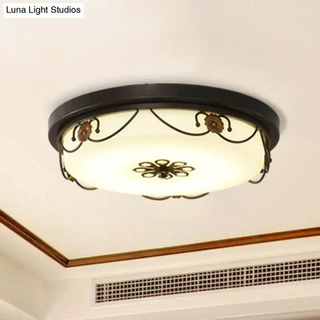 Vintage Opal Glass Drum Led Flush Ceiling Light For Bedroom Black Floral Decor
