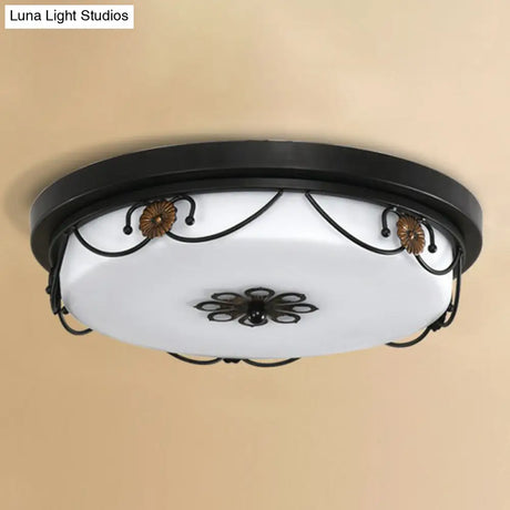 Vintage Opal Glass Drum Led Flush Ceiling Light For Bedroom Black Floral Decor