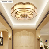 Vintage Opal Glass Floral Ceiling Light – Brass Flush Mount Fixture For Bedroom