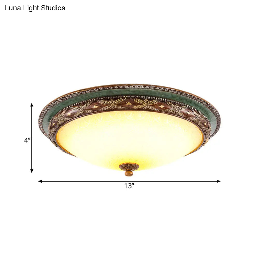 Vintage Opaline Glass Led Ceiling Light In Green/Brown: Shallow Bowl Flush Mount Fixture