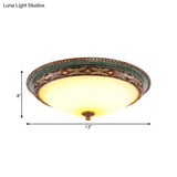 Vintage Opaline Glass Led Ceiling Light In Green/Brown: Shallow Bowl Flush Mount Fixture