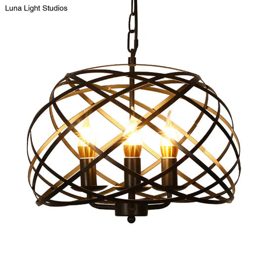 Vintage Open Cage Hanging Chandelier With 3 Candle Lights In Black