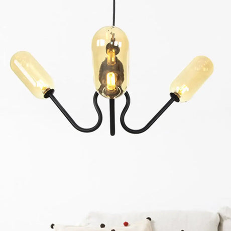 Vintage Oval Chandelier - Amber/Clear Glass 3 Heads Adjustable Cord Living Room Ceiling Lamp