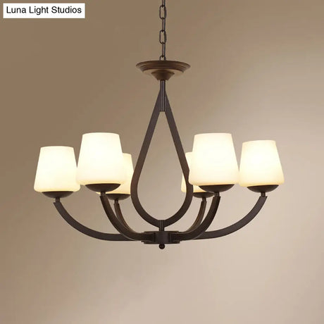 Vintage Pendant Light With Milk Glass Shade - Metal Black Finish Chandelier Swoop Arm